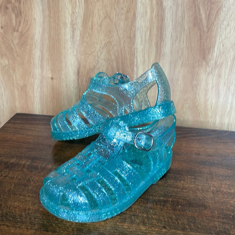 Blue green sparkle jellies / jelly shoes, size 8 toddler